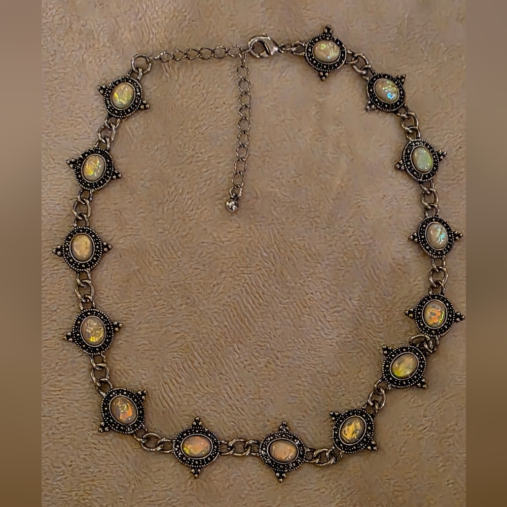 Stunning Iridescent Faux Opal Statement Choker – Silver Tone
